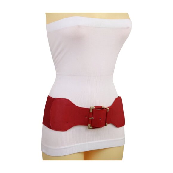 New Women Red Elastic Wide Fashion Belt Hip High Waist Gold Square Buckle S M - Picture 2 of 16